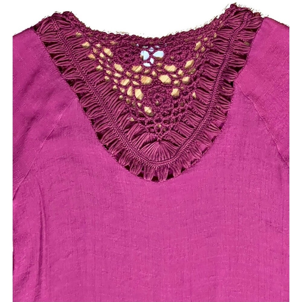 Dressbarn | Burgundy Crochet Trimmed 3/4 Length Sleeve Blouse | Medium - Picture 7 of 9